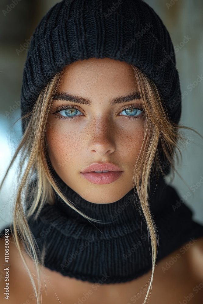 Beautiful woman with striking blue eyes wearing a black knit hat and scarf indoors Beautiful woman with striking blue eyes wearing a black knit hat and scarf indoors