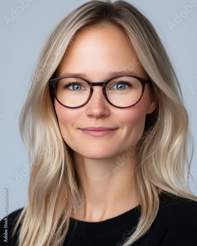 Young woman with long blonde hair and glasses poses confidently against a light background