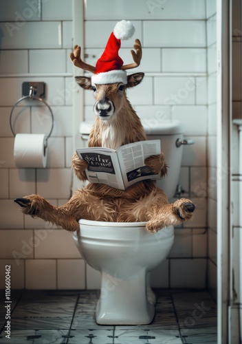 Festive Reindeer in Santa Hat Sitting on Toilet Reading Magazine in Humorous Bathroom Scene