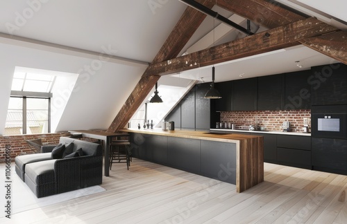 Modern loft apartment with a spacious kitchen and living room