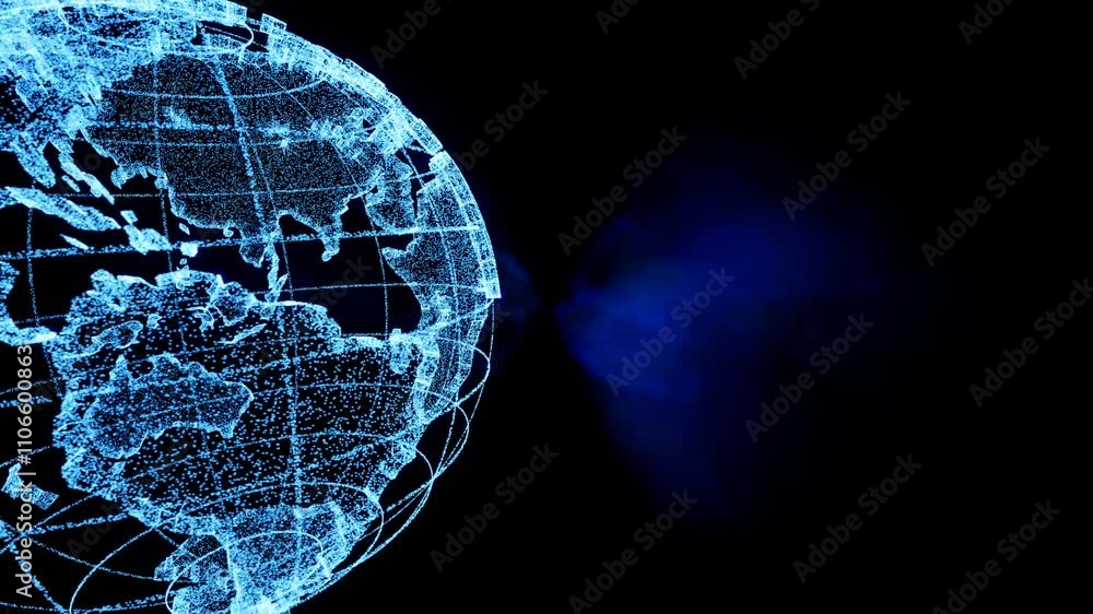 Globo terrestre em 3D, com pontos de dados brilhantes em tons de azul,  representando inovação e infraestrutura digital.
