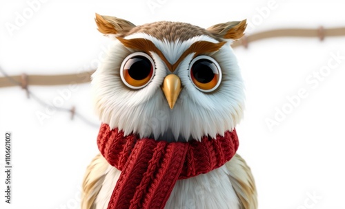 Cute owl wearing a red knit scarf, large expressive eyes, fluffy feathers, digital illustration, white background, whimsical style, adorable and charming.
 photo