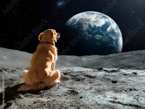 A golden retriever sitting calmly on the surface of the moon gazing a the earth