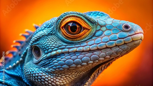 A Close-up of a Lizard's Head with a Vibrant Blue and Orange Color Scheme, Showing Intricate Scales and a Focused Gaze