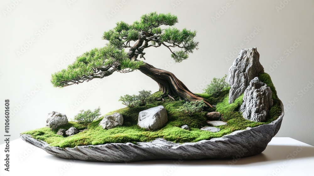 A serene bonsai arrangement featuring a tree, rocks, and moss, showcasing natural beauty. A serene bonsai arrangement featuring a tree, rocks, and moss, showcasing natural beauty.
