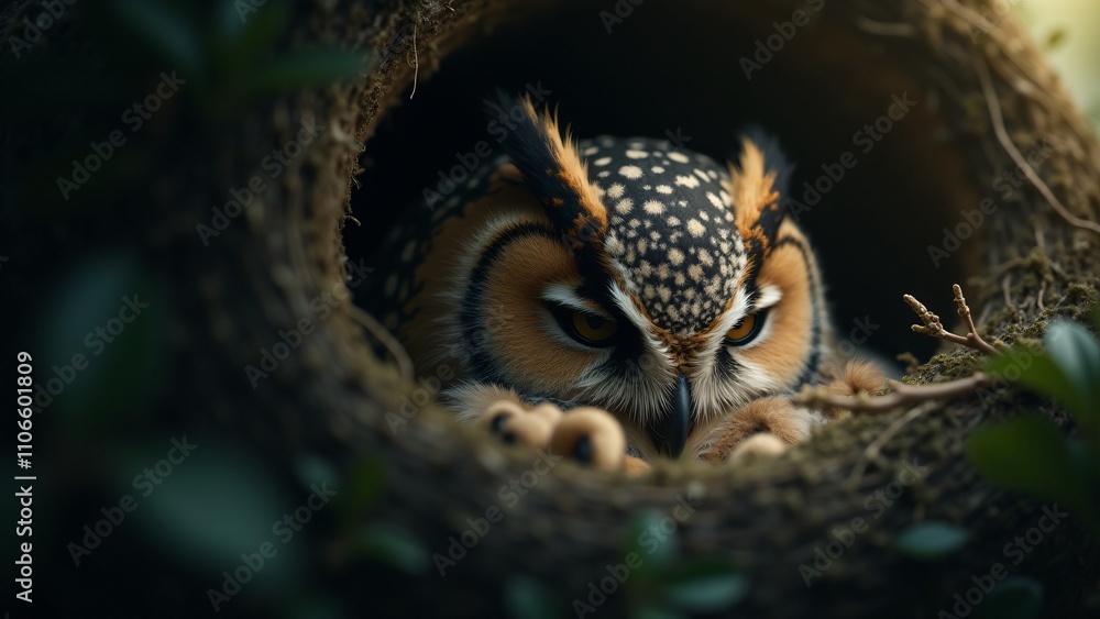 Obraz premium A peaceful image of an owl in its nest, resting in its natural habitat. The setting conveys the owl’s quiet, serene life in the wild, with natural elements framing the scene.
