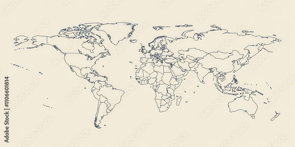 A minimalist line drawing of a world map with simple country outlines, perfect for modern design projects. A minimalist line drawing of a world map with simple country outlines, perfect for modern design projects.
