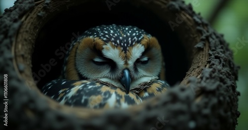 A peaceful image of an owl in its nest, resting in its natural habitat. The setting conveys the owl’s quiet, serene life in the wild, with natural elements framing the scene. photo