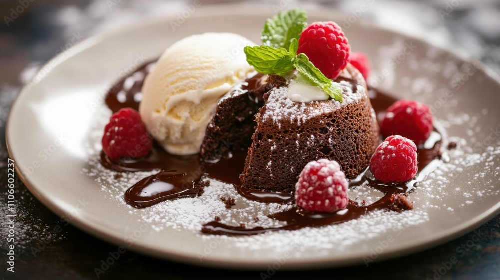 A decadent plate of molten chocolate lava cake with a scoop of vanilla ice cream and fresh raspberries, Lava cake plate centered, Soft natural light highlighting the gooey center A decadent plate of molten chocolate lava cake with a scoop of vanilla ice cream and fresh raspberries, Lava cake plate centered, Soft natural light highlighting the gooey center