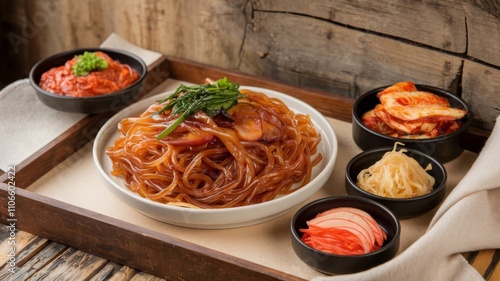 Authentic Japchae Meal Displayed with Classic Korean Sides photo