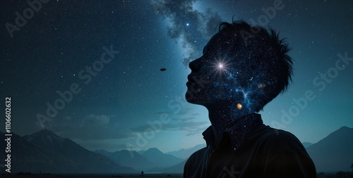 Young man engaging in conversation with the thinking universe under a starry night sky