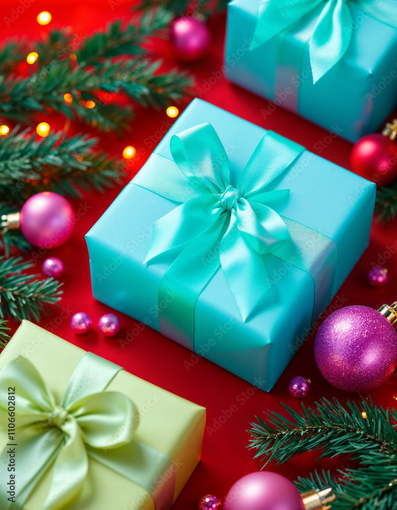 Festive Christmas Presents with Mint Green Ribbons on Red Background Festive Christmas Presents with Mint Green Ribbons on Red Background