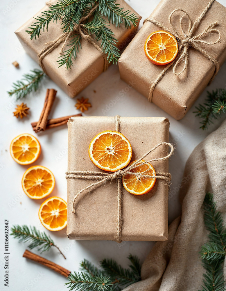 Rustic Christmas Gifts with Twine, Orange Slices, Cinnamon | Top View Rustic Christmas Gifts with Twine, Orange Slices, Cinnamon | Top View