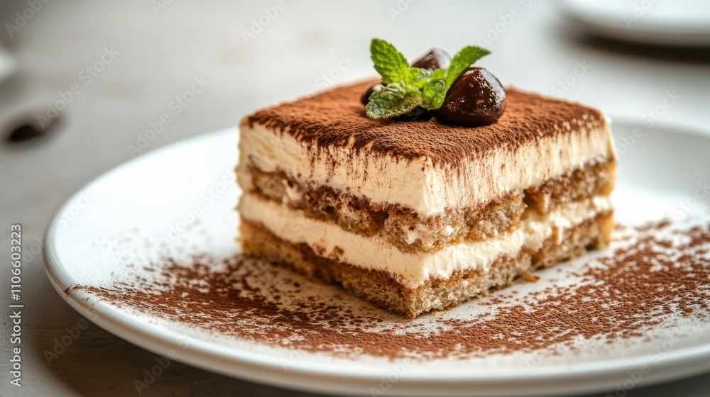 A decadent plate of tiramisu with layers of coffee-soaked ladyfingers and mascarpone cheese, Tiramisu plate centered, Soft natural light highlighting the creamy texture A decadent plate of tiramisu with layers of coffee-soaked ladyfingers and mascarpone cheese, Tiramisu plate centered, Soft natural light highlighting the creamy texture