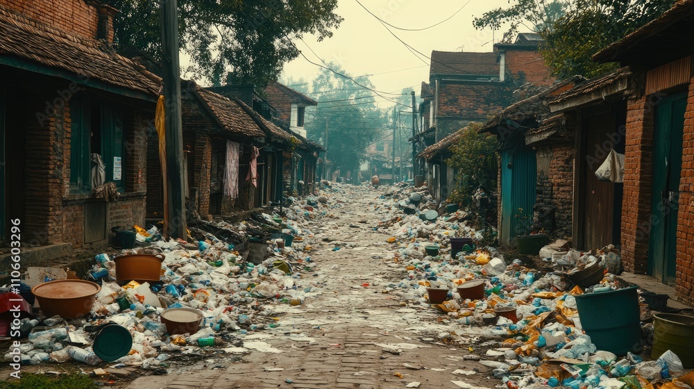 Obraz premium Street View of Abandoned Village Covered in Trash and Debris