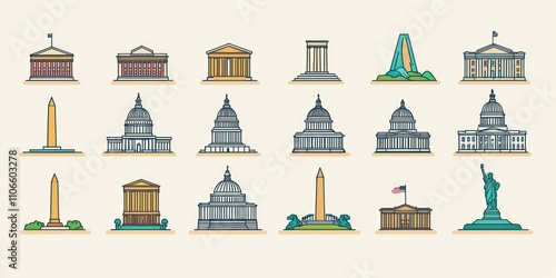 A modern icon set with simplified illustrations of Washington, DCâ€™s major buildings and monuments. photo