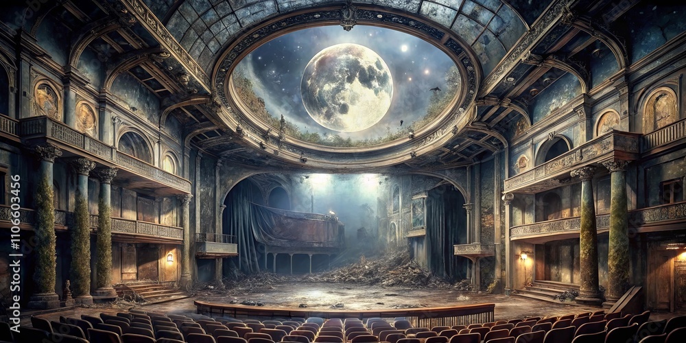 Obraz premium An abandoned theater with a moonlit sky through its ruined roof, the stage overgrown with debris and nature reclaiming the space