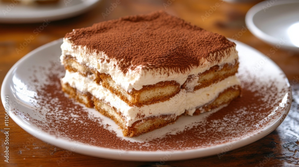 A decadent plate of tiramisu with layers of espresso-soaked ladyfingers and mascarpone cheese, Tiramisu plate centered, Soft natural light highlighting the creamy layers A decadent plate of tiramisu with layers of espresso-soaked ladyfingers and mascarpone cheese, Tiramisu plate centered, Soft natural light highlighting the creamy layers