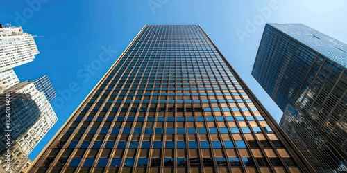 Wallpaper Mural A modern skyscraper reaching into a clear blue sky, showing sleek architecture against the bright backdrop. Torontodigital.ca