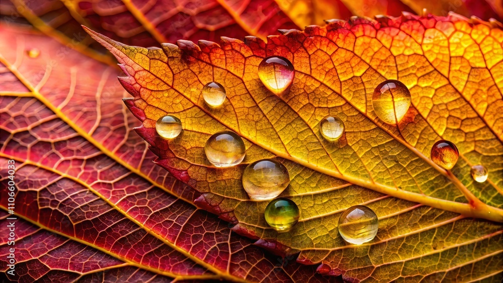 Fototapeta premium A symphony of autumn hues, with vibrant reds and golden yellows, is painted across a leaf, each vein delicately highlighted by glistening droplets of water.