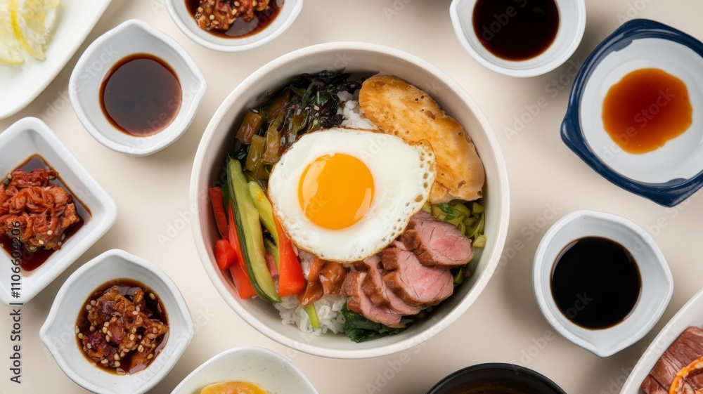 Bibimbap Korean Dish from Above with Vegetables, Meat, and Fried Egg Bibimbap Korean Dish from Above with Vegetables, Meat, and Fried Egg