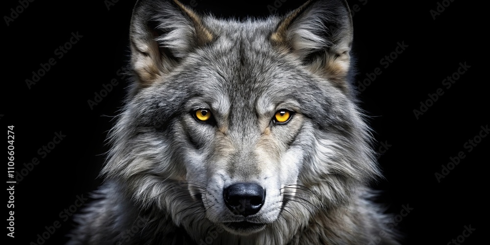 The Wolf's Intense Gaze, Its Eyes Burning With a Primal Fire, Dominates the Black Canvas, A Portrait of Ferocious Beauty and Untamed Spirit The Wolf's Intense Gaze, Its Eyes Burning With a Primal Fire, Dominates the Black Canvas, A Portrait of Ferocious Beauty and Untamed Spirit