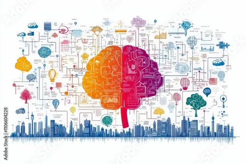 Colorful Brain with City Silhouette and Connections