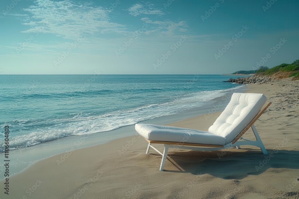 a sleek, minimalist beach chair positioned on soft sand, set against a serene ocean backdrop, with gentle waves lapping at the shore, evoking tranquility and relaxation a sleek, minimalist beach chair positioned on soft sand, set against a serene ocean backdrop, with gentle waves lapping at the shore, evoking tranquility and relaxation