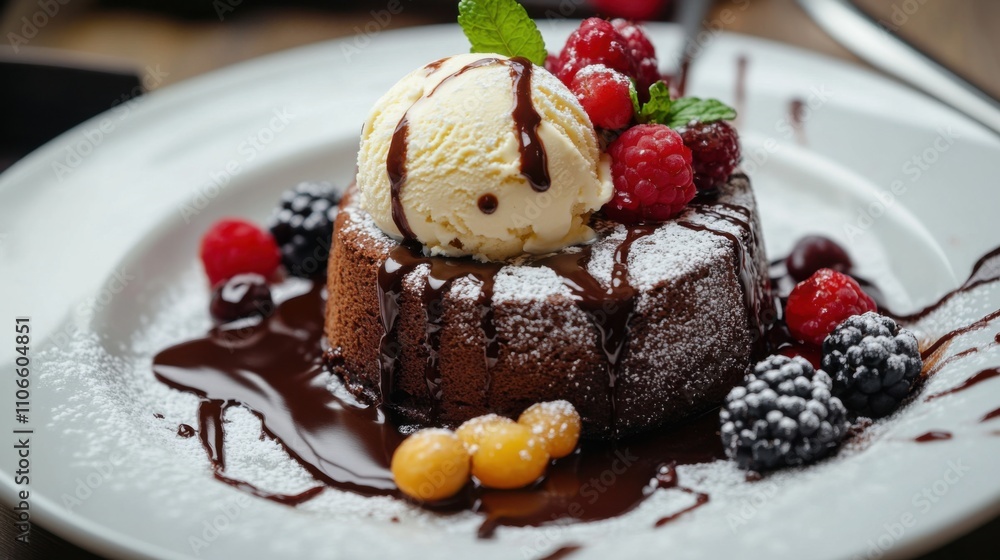A decadent slice of chocolate lava cake topped with vanilla ice cream and a drizzle of chocolate sauce, Chocolate lava cake plated elegantly with a dusting of powdered sugar, Fresh berries for garnish A decadent slice of chocolate lava cake topped with vanilla ice cream and a drizzle of chocolate sauce, Chocolate lava cake plated elegantly with a dusting of powdered sugar, Fresh berries for garnish