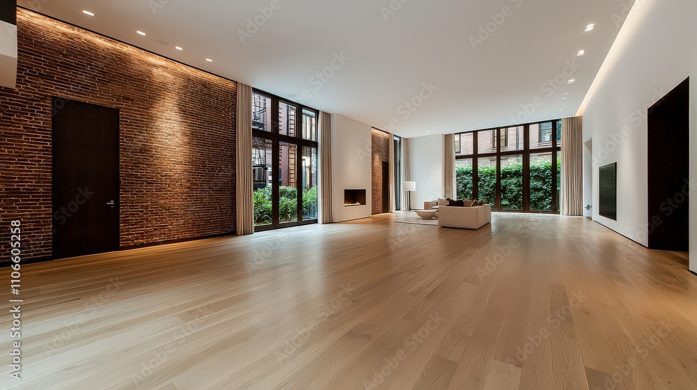 Fototapeta premium Bright and airy loft living room with large windows contemporary design urban environment spacious viewpoint modern style