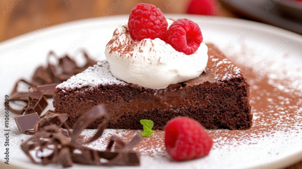 A decadent slice of flourless chocolate cake topped with a dollop of whipped cream and fresh raspberries, Chocolate cake plated on a dessert dish, Cocoa powder dusting for presentation A decadent slice of flourless chocolate cake topped with a dollop of whipped cream and fresh raspberries, Chocolate cake plated on a dessert dish, Cocoa powder dusting for presentation