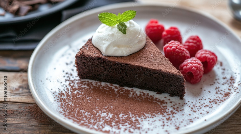 A decadent slice of flourless chocolate cake topped with a dollop of whipped cream and fresh raspberries, Chocolate cake plated on a dessert dish, Cocoa powder dusting for presentation A decadent slice of flourless chocolate cake topped with a dollop of whipped cream and fresh raspberries, Chocolate cake plated on a dessert dish, Cocoa powder dusting for presentation