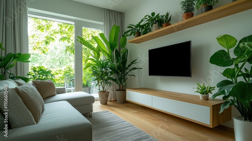 Cozy living room with lush plants and modern decor bright studio apartment interior design relaxing atmosphere inspired by nature