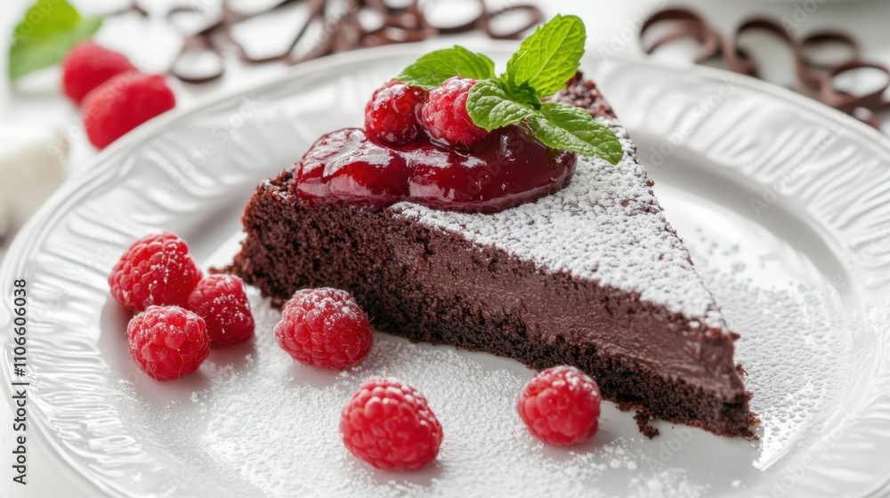 A decadent slice of flourless chocolate cake topped with raspberry coulis and fresh raspberries, Flourless chocolate cake plated elegantly with a dusting of powdered sugar, Mint leaves for garnish A decadent slice of flourless chocolate cake topped with raspberry coulis and fresh raspberries, Flourless chocolate cake plated elegantly with a dusting of powdered sugar, Mint leaves for garnish