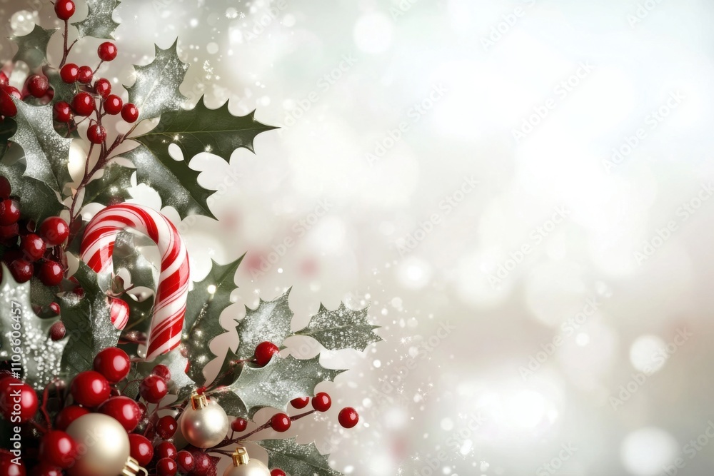 Modern and clean Christmas vector background with festive details like holly leaves, candy canes, and subtle sparkles. The layout includes open areas, perfect for overlaying text or additional graphic Modern and clean Christmas vector background with festive details like holly leaves, candy canes, and subtle sparkles. The layout includes open areas, perfect for overlaying text or additional graphic