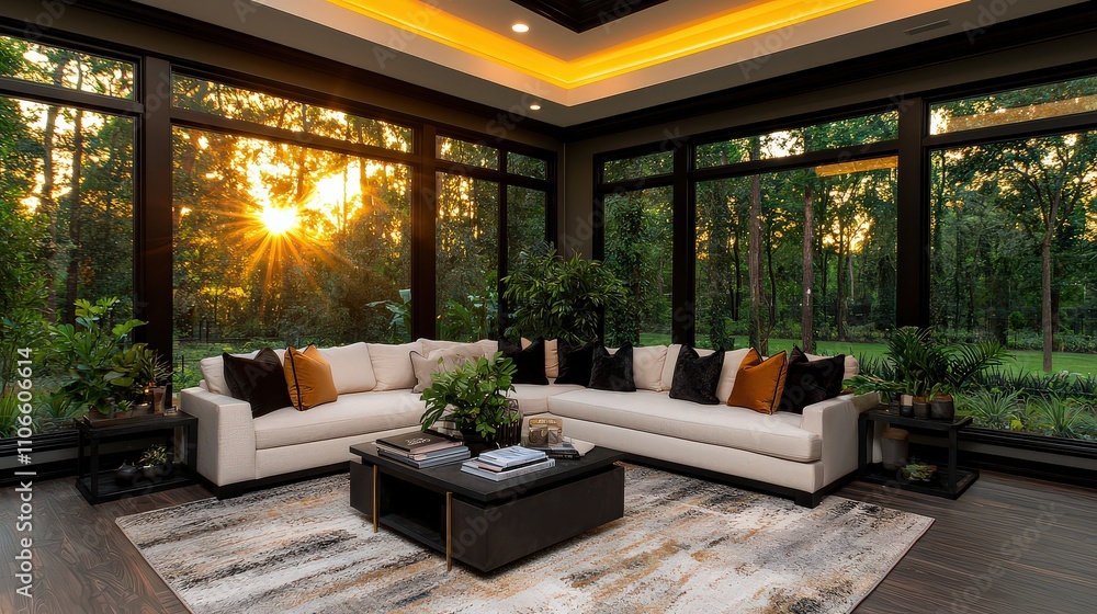 Fototapeta premium Sunset serenity cozy living room with plush sofa and coffee table surrounded by nature modern design tranquil atmosphere