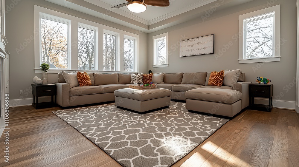 Cozy family living room with large sectional sofa bright windows modern decor inviting atmosphere home comfort concept Cozy family living room with large sectional sofa bright windows modern decor inviting atmosphere home comfort concept