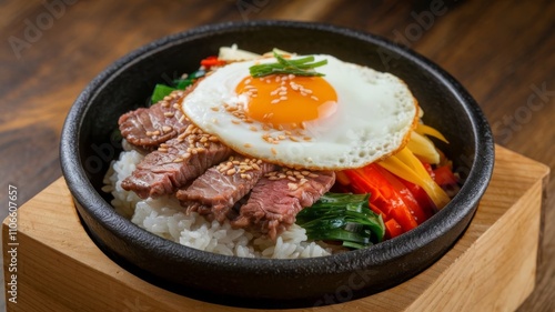 Classic Spicy Korean Bibimbap with Fresh Rice, Egg, and Tender Beef