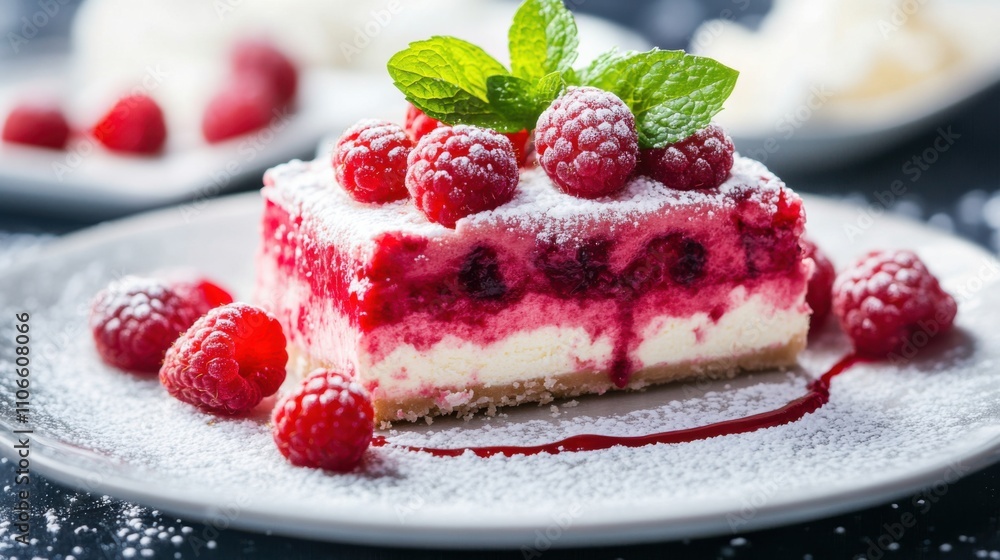 A decadent slice of raspberry cheesecake topped with fresh raspberries and raspberry coulis, Raspberry cheesecake plated elegantly with a dusting of powdered sugar, Mint leaves for garnish A decadent slice of raspberry cheesecake topped with fresh raspberries and raspberry coulis, Raspberry cheesecake plated elegantly with a dusting of powdered sugar, Mint leaves for garnish