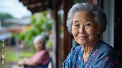 Serene Elderly Woman Smiling in Natural Light, Capturing the Essence of Wisdom and Grace in a Tranquil Outdoor Setting, Perfect for Heartwarming Stock Photography