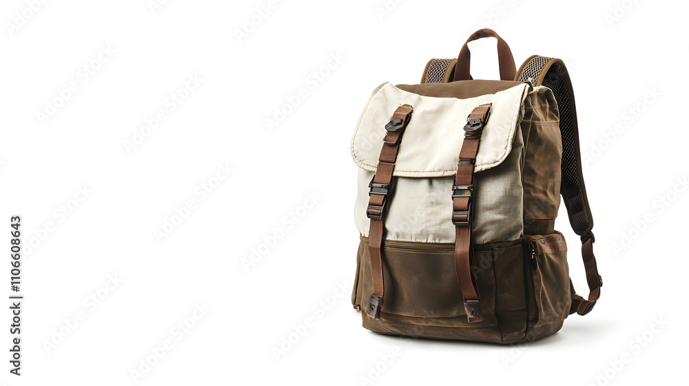 Naklejka premium Brown and beige canvas backpack isolated on white.
