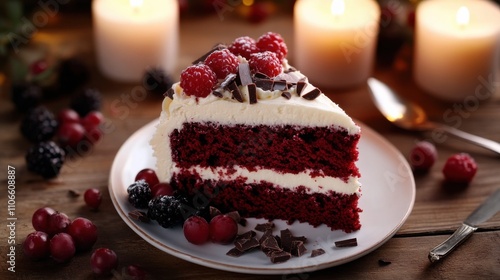 Wallpaper Mural A decadent slice of red velvet cake topped with cream cheese frosting and chocolate shavings, Cake slice centered, Soft candlelight adding a romantic touch Torontodigital.ca