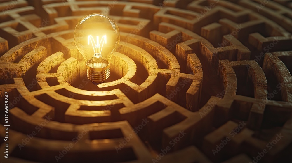 Illuminated Light Bulb Centered in Intricate Wood Maze Design Illuminated Light Bulb Centered in Intricate Wood Maze Design