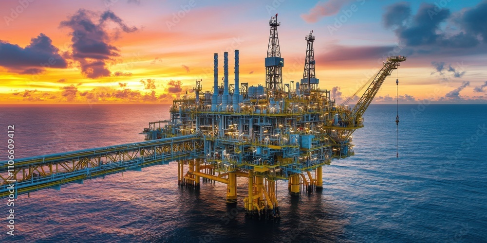Oil Rigs at Sunset with Piping and Industrial Landscape Oil Rigs at Sunset with Piping and Industrial Landscape