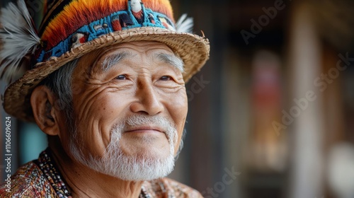 Elderly Man with Traditional Hat Smiling Gracefully, Showcasing Cultural Heritage and Wisdom, Capturing the Essence of Indigenous Craftsmanship and Longevity