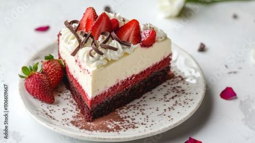 A decadent slice of red velvet cheesecake topped with cream cheese frosting and chocolate shavings, Red velvet cheesecake plated elegantly with a dusting of cocoa powder, Fresh raspberries for garnish photo