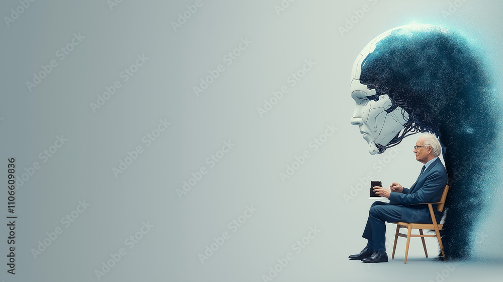 The Future is Now: A pensive businessman sits contemplating a digital future, symbolized by a towering AI head emerging from the background. The Future is Now: A pensive businessman sits contemplating a digital future, symbolized by a towering AI head emerging from the background.