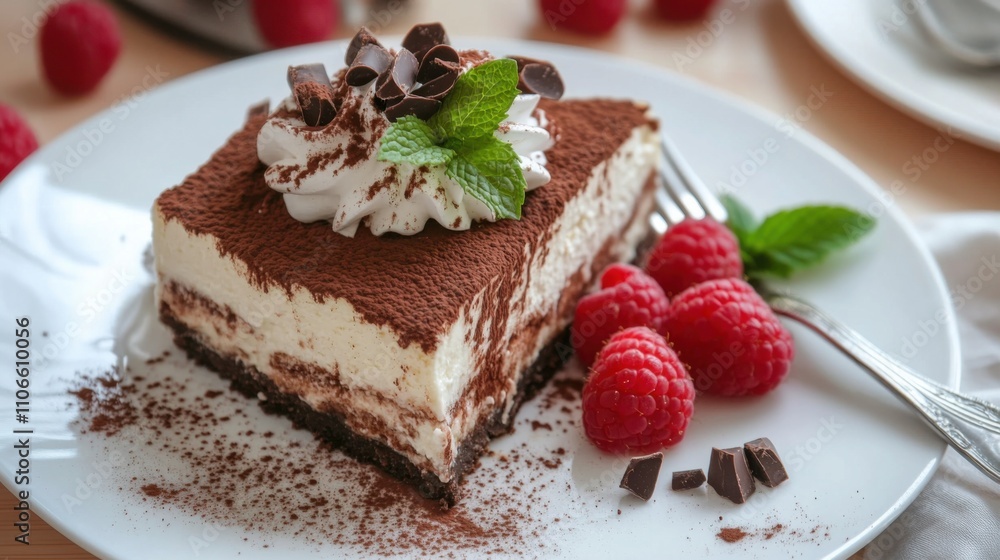 A decadent slice of tiramisu cheesecake topped with cocoa powder and chocolate curls, Tiramisu cheesecake plated elegantly with a dollop of whipped cream, Fresh raspberries for garnish A decadent slice of tiramisu cheesecake topped with cocoa powder and chocolate curls, Tiramisu cheesecake plated elegantly with a dollop of whipped cream, Fresh raspberries for garnish