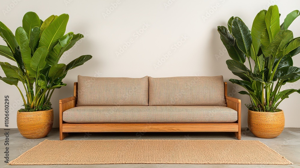 Tropical-inspired living room with large plants modern home interior design relaxed environment cozy viewpoint nature concept Tropical-inspired living room with large plants modern home interior design relaxed environment cozy viewpoint nature concept
