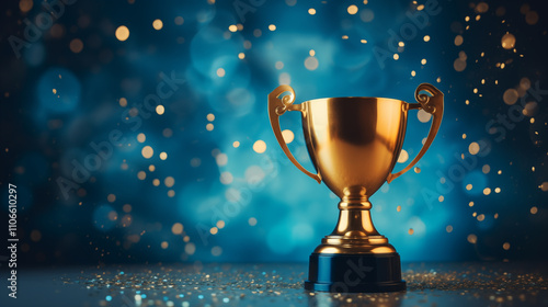 golden trophy on a blue background with bokeh lights, highlighting success and reward in a festive atmosphere